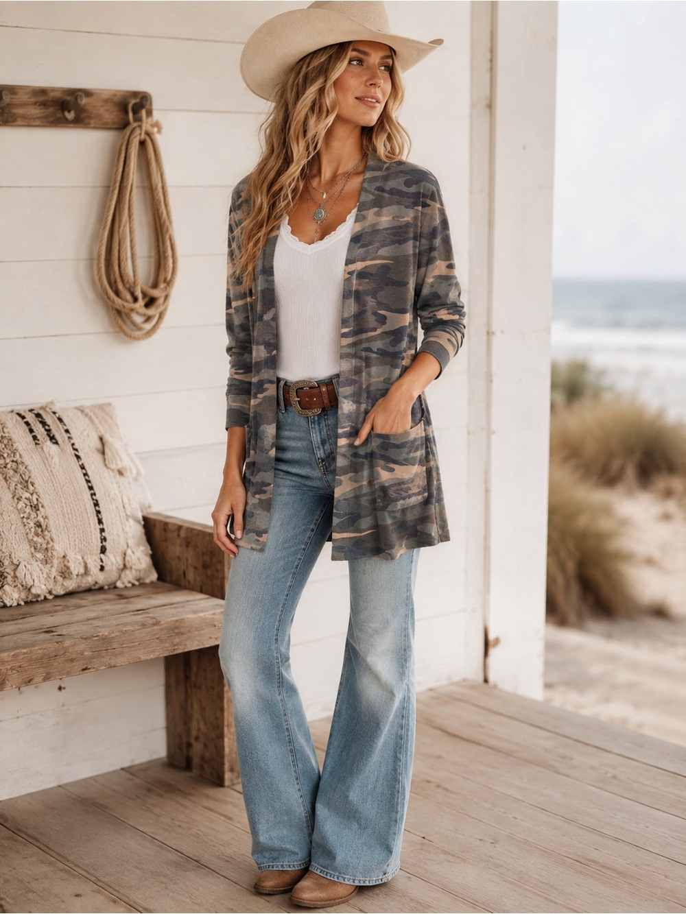 Camo Open-Front Women's Cardigan - Gray Camo